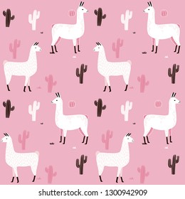 Llama Seamless pattern with cactus. hand drawn alpaca and lama cute childish background. Girly fabric, cartoon textile Vector Illustration