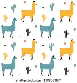 Llama Seamless pattern with cactus. hand drawn alpaca and lama cute childish background. Girly fabric, cartoon textile Vector Illustration