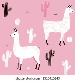 Llama Seamless pattern with cactus. hand drawn alpaca and lama cute childish background. Girly fabric, cartoon textile Vector Illustration
