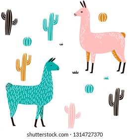 Llama Seamless pattern with cactus. hand drawn alpaca and lama cute childish background. Girly fabric, cartoon textile Vector Illustration