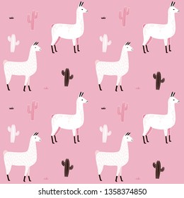 Llama Seamless pattern with cactus. hand drawn alpaca and lama cute childish background. Girly fabric, cartoon textile Vector Illustration
