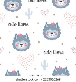 llama seamless pattern, cartoon alpaca background for kids, vector illustration with cute animals, cactus and hearts