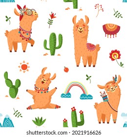 Patrón de Llama sin fisuras. Impresión de tela creativa alpaca, caricatura animal y cactus. Llama salvaje lindo chileno, niños escandinavos textura vectorial elegante