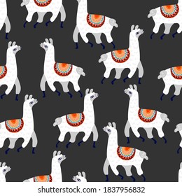 Llama seamless pattern. Cute alpaca mammal animals childish backgrounds. Kids creative design textile wrapping paper, wallpaper vector isolated texture on black