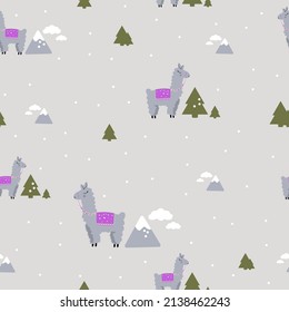 Llama seamless pattern on the snowy background. Alpaca and mountains. 