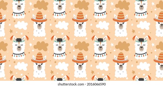 Llama Seamless Pattern. Peru Alpaca Creative baby cartoon print. Hand Drawn Nursery Childish Textile, Scarf,  Wallpaper. Vector illustration