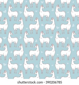 Llama seamless repeating pattern on blue background. Four colors vector illustration.