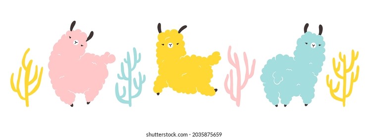 Llama set with cacti. Cartoon colorful character in scandinavian style simple hand drawn style. Isolated vector on white background. Ideal for nursery, postcard, poster