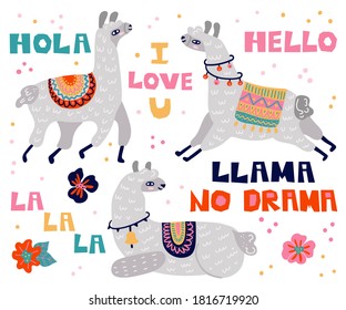 Llama set. Cute alpaca mammal animals in different poses with lettering and flowers collection, kids baby elements for nursery design, poster, greeting, birthday card flat vector cartoon characters