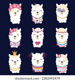 Llama set of cute animals. White alpaca with different muzzles.