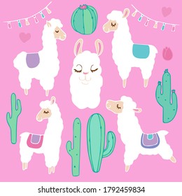 llama set on the pink background