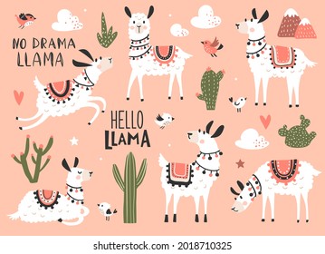 LLama set, Vector characters for kids t-shirts and stickers kit. Hand drawn vector illustration.