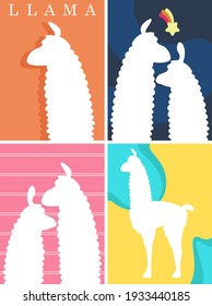 Llama silhouettes on different backgrounds. Set of animal posters in flat style