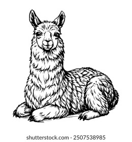 Llama sitting down with its legs tucked under, relaxed expression