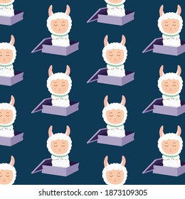 A llama is sitting in a gift box. Vector illustration for printing on postcards, children's clothes, dishes, bedding, fabrics. Cute baby background for girls. seamless pattern with cute alpaca 