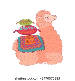 Llama sitting with stack of pillows on back decorated with traditional pattern vector illustration