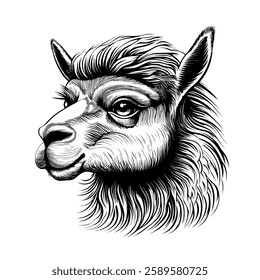 Llama sketch black and white engraving drawing. 3 colors EPS 10 vector illustration