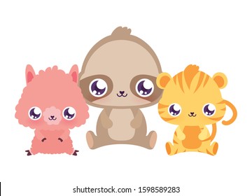 llama sloth and tiger design, Kawaii animals expression cute character funny and emoticon theme Vector illustration