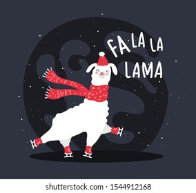 Llama con nieve y muchos detalles. Graciosa alpaca 
ciervo. Fa la lama. Afiche de tipografía, tarjeta, etiqueta, diseño de banner con fondo. feliz año nuevo