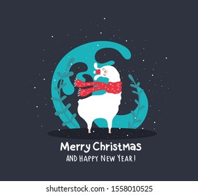 Llama with snow and many details. Funny alpaca. Have a holy joly merry christmas and wonderful happy new year. Typography poster,card,label,banner design set with background.