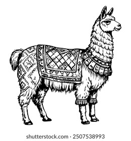 Llama standing calmly with a neutral expression