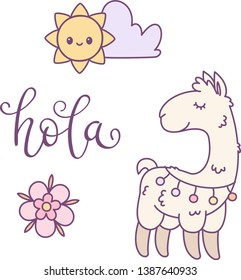 Llama, sun with cloud and flower cartoon illustration. Hand written lettering "hola". Vector