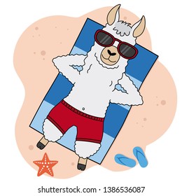 Llama sunbathing on the beach