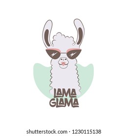 Llama in sunglasses and lipstick. Female lama glama cartoon vector illustration. Glamorous llama for your design.