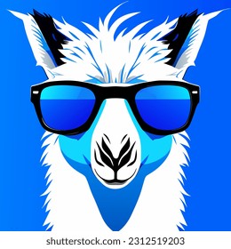 Llama in sunglasses on a blue background. Vector illustration.