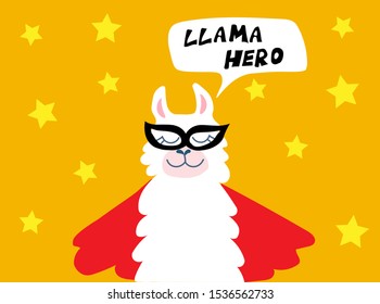 Llama super hero and alpaca white vector illustration, cute cartoon hand drawn elements and design for baby nursery design, poster, birthday greeting card