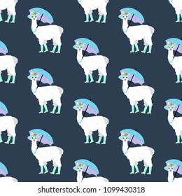 Llama under umbrella seamless pattern