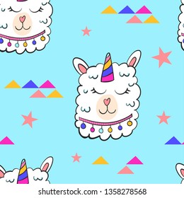llama unicorn seamless pattern with stars. Cute llama head drawings hand drawn vector pattern with alpaca for cards, t-shirts, cases, textile