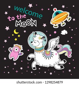 Llama Unicorn in space and the inscription Welcome to the moon