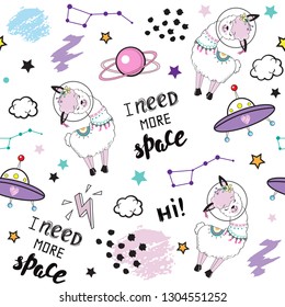 Llama Unicorn in space and the inscription Welcome to the moon seamless pattern on a white background