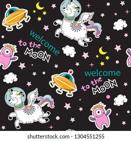 Llama Unicorn in space and the inscription Welcome to the moon seamless pattern on a black background