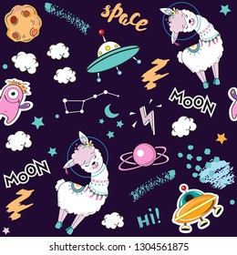 Llama Unicorn in space and the inscription Welcome to the moon seamless pattern