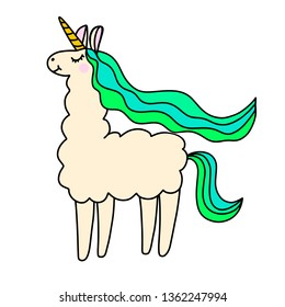 Llama unicorn vector illustration in rainbow colors, flat style. Baby clothes design. Cute nursery decoration. Fantastic animals from fairy tales for children. EPS10