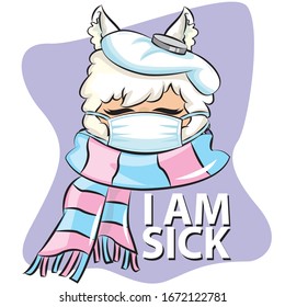 Llama uses masks to avoid the corona virus & flu. Sick Llama vector Illustrator with isolated background.