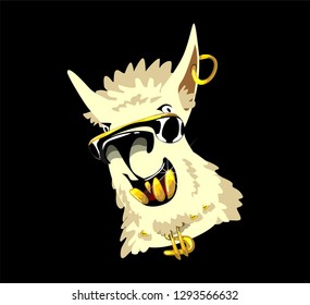 Llama vector doodles. No prob llama motivational rich billionaire llama. Simple cool llama head drawing with sunglasses and gold teeth, hand drawn vector illustration for cards, t-shirts, cases