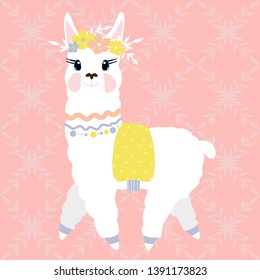 Llama vector illustration. Cute fun lama and summer spring autumn, sea style, travel, drawn in children cartoon style for print, decor, your design.