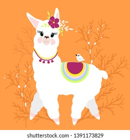 Llama vector illustration. Cute fun lama and summer spring autumn, sea style, travel, drawn in children cartoon style for print, decor, your design.