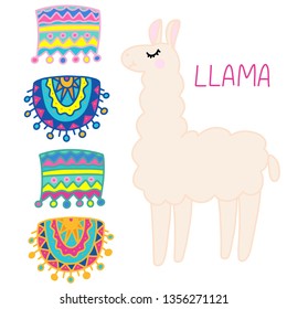 Llama vector illustration in flat style. Design elements for children clothes, baby nursery design, poster, birthday greeting card, party invitation, sale banner. Hand drawn word. EPS10