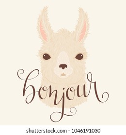 Llama vector illustration. Hand lettering "bonjour" in French