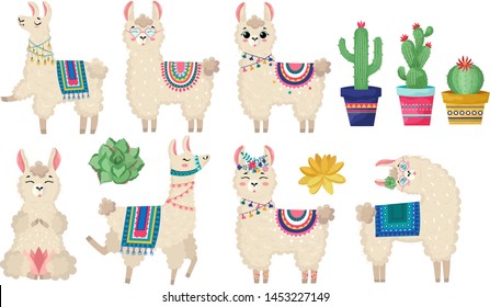 Llama vector illustration.Set of peruvian alpaca,cactus and  saddle with patterns, tassels,ribbons,prayer flags,flowers and other decorations for the animal