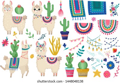 Llama vector illustration.Set of peruvian decorations alpaca:saddle with patterns, tassels,ribbons,succulent,prayer flags,flowers and other decoration.Cute hand drawn elements.