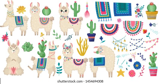 Llama vector illustration.Set of peruvian decorations alpaca:saddle with patterns, tassels,ribbons,prayer flags,flowers and other decorations for the animal