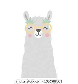 LLama vector print wearing glasses vector illustration. Summer hand-drawing print cute alpaca cartoon character. Modern print for clothes