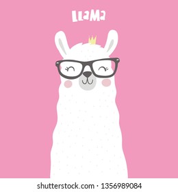 LLama vector print wearing glasses vector illustration. Summer hand-drawing print cute alpaca cartoon character. Modern print for clothes