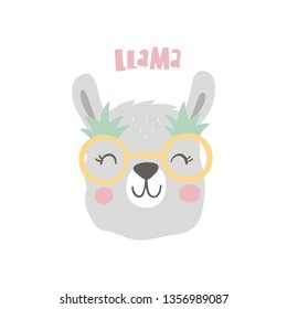LLama vector print wearing glasses vector illustration. Summer hand-drawing print cute alpaca cartoon character. Modern print for clothes