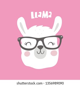 LLama vector print wearing glasses vector illustration. Summer hand-drawing print cute alpaca cartoon character. Modern print for clothes